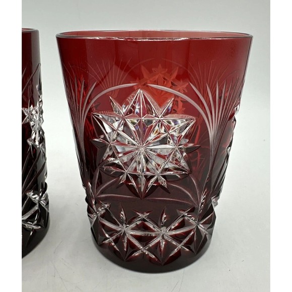 2 Bohemian AJKA Crystal Ruby Red Etched Glasses Snowflake Winter Holiday RARE - Picture 2 of 13